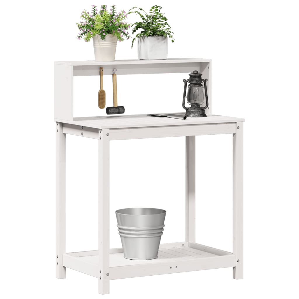 vidaXL Mesa de jardinagem com prateleiras madeira pinho maciça branco