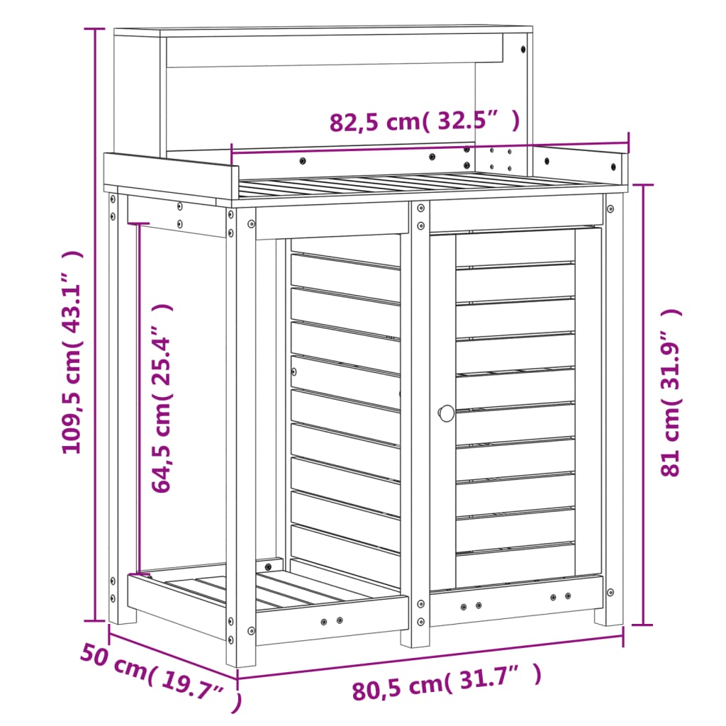 vidaXL Mesa de jardinagem c/ prateleiras 82,5x50x109,5 cm pinho maciço