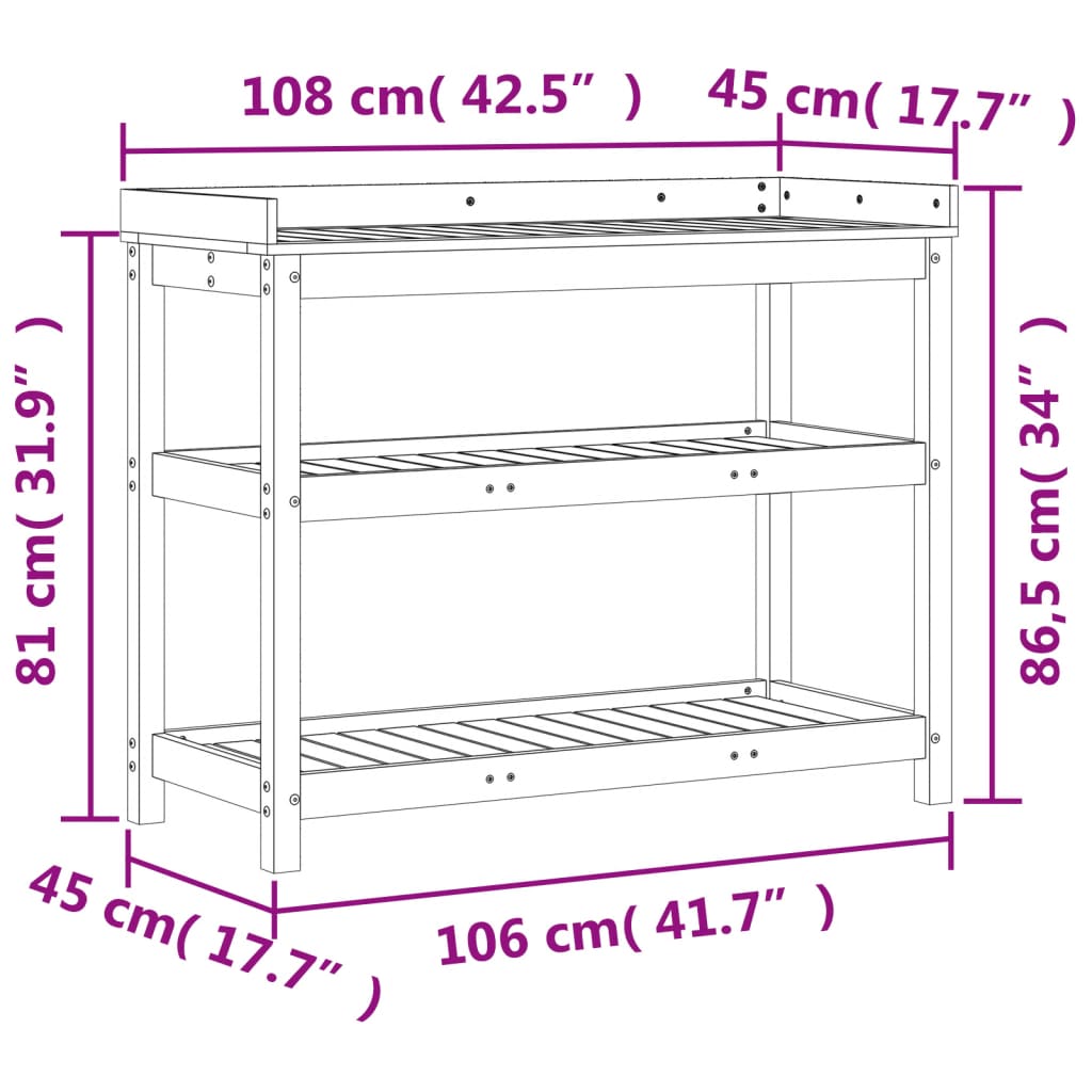 vidaXL Mesa jardinagem c/ prateleiras 108x45x86,5 cm pinho impregnado