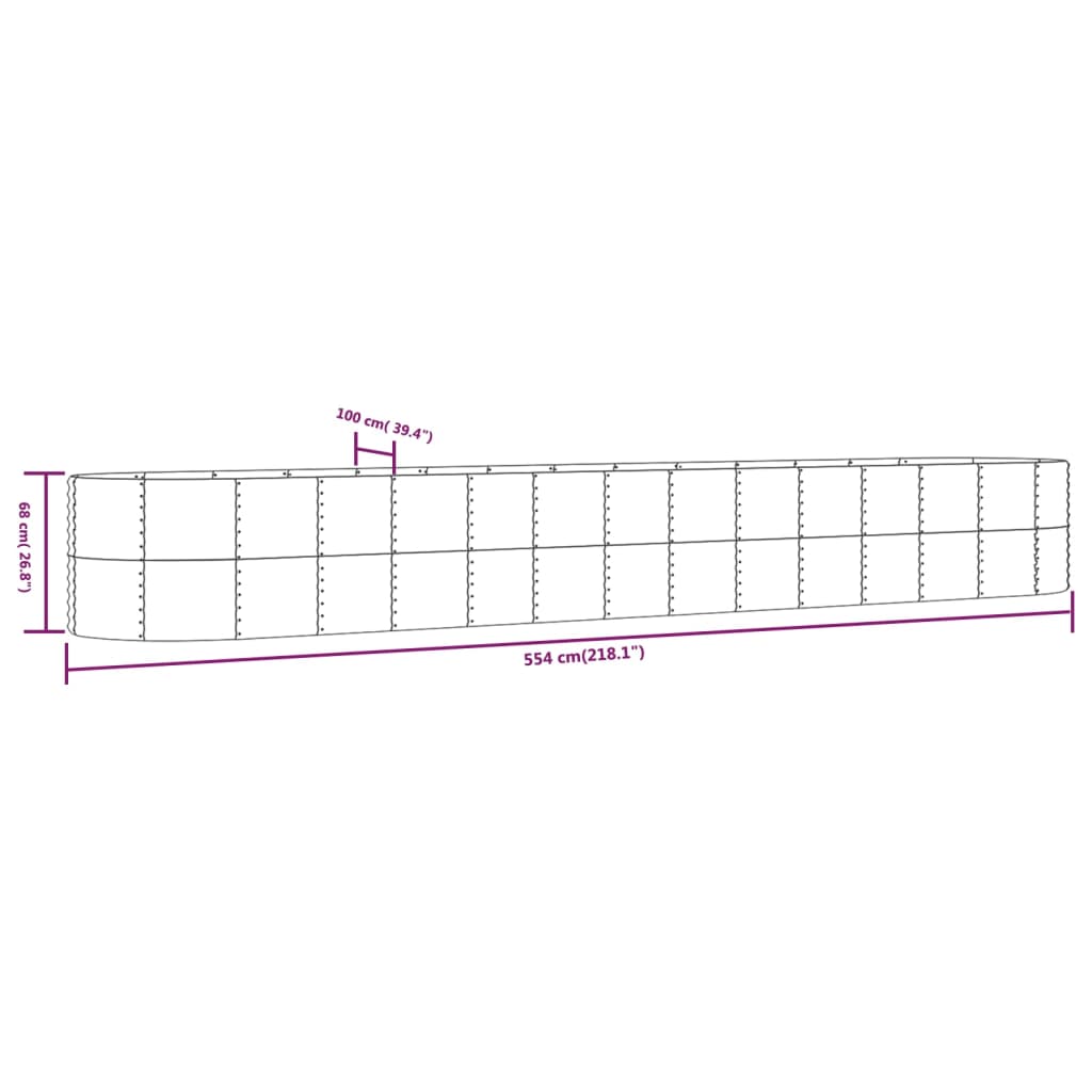 vidaXL Canteiro elevado jardim 554x100x68 aço revestido a pó prateado