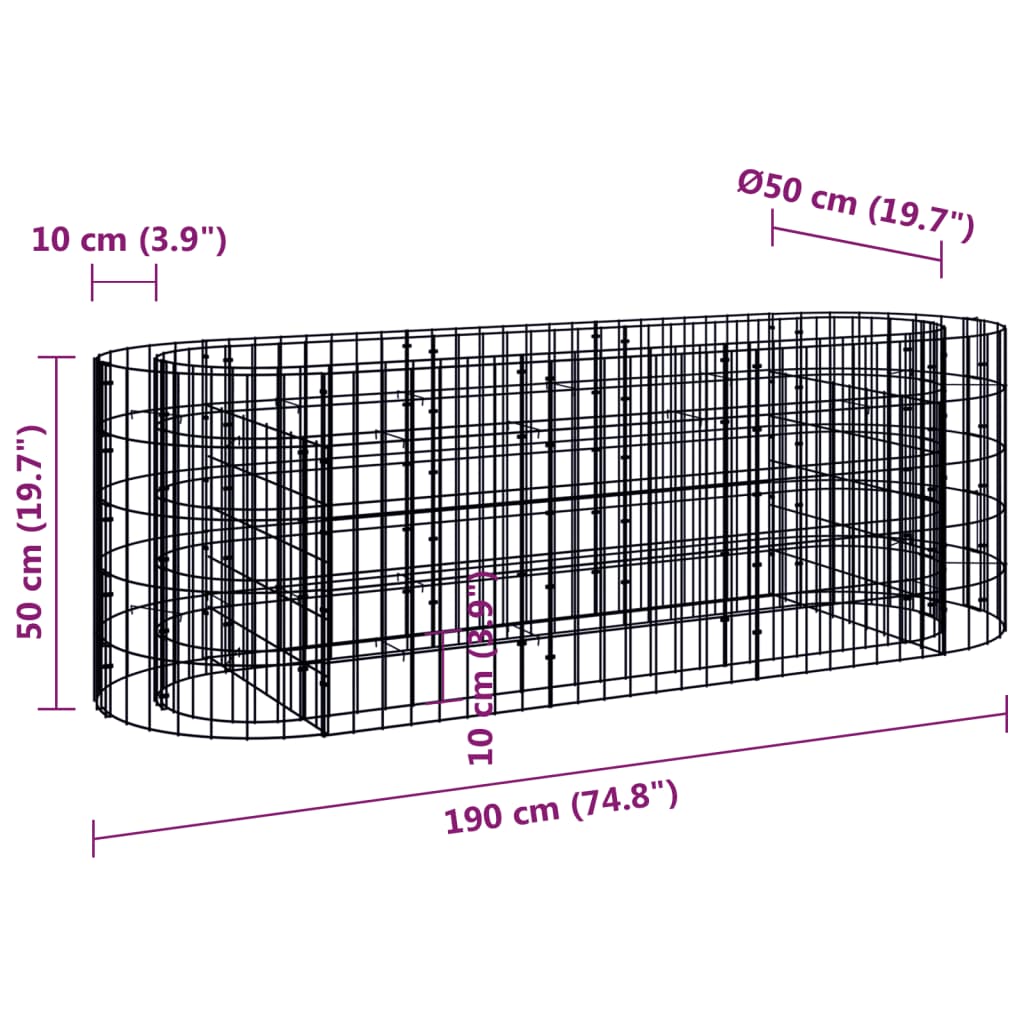 vidaXL Canteiro elevado/cesto gabião 190x50x50 cm ferro galvanizado