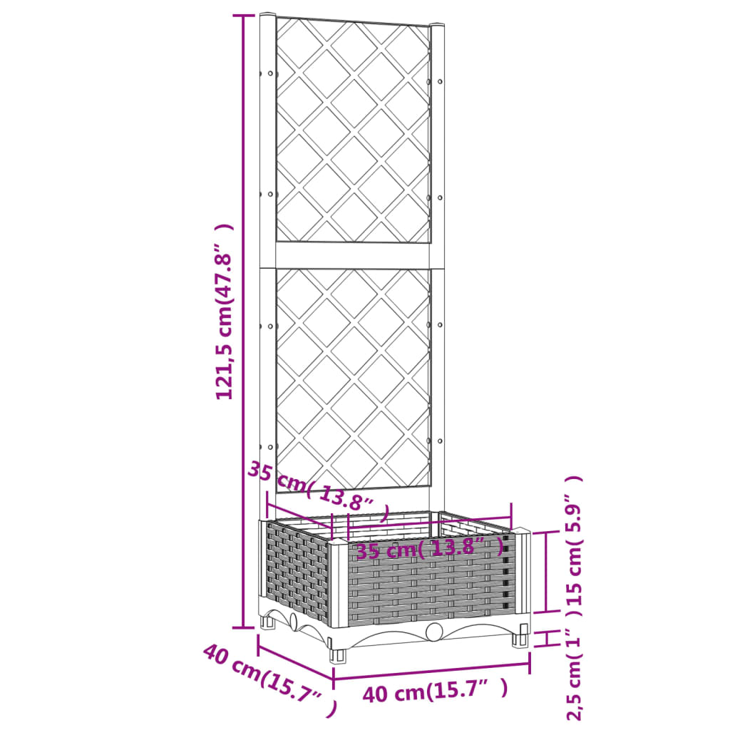 vidaXL Vaso/floreira jardim c/ treliça 40x40x121,5 cm PP cinza-claro