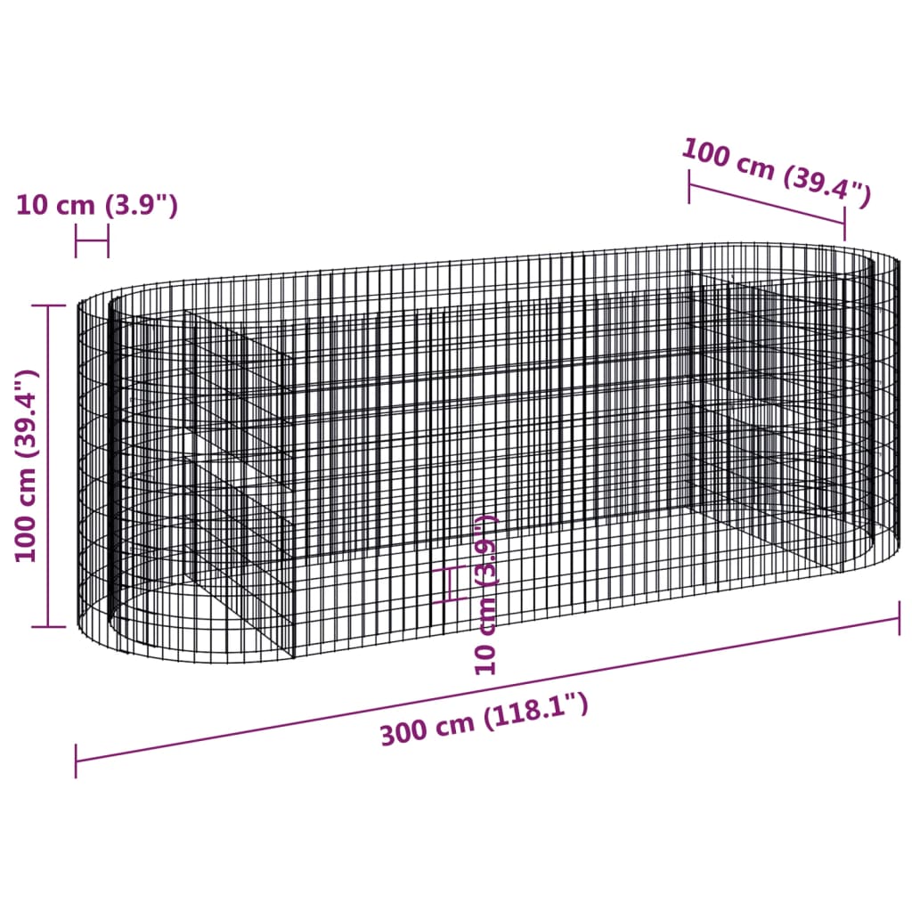 vidaXL Canteiro elevado/cesto gabião 300x100x100 cm ferro galvanizado