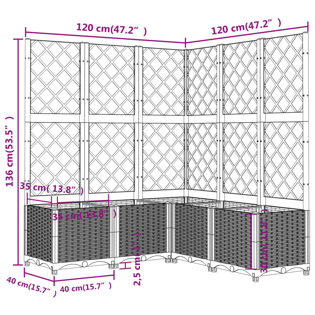 vidaXL Vaso/floreira jardim c/ treliça 120x120x136 cm PP preto