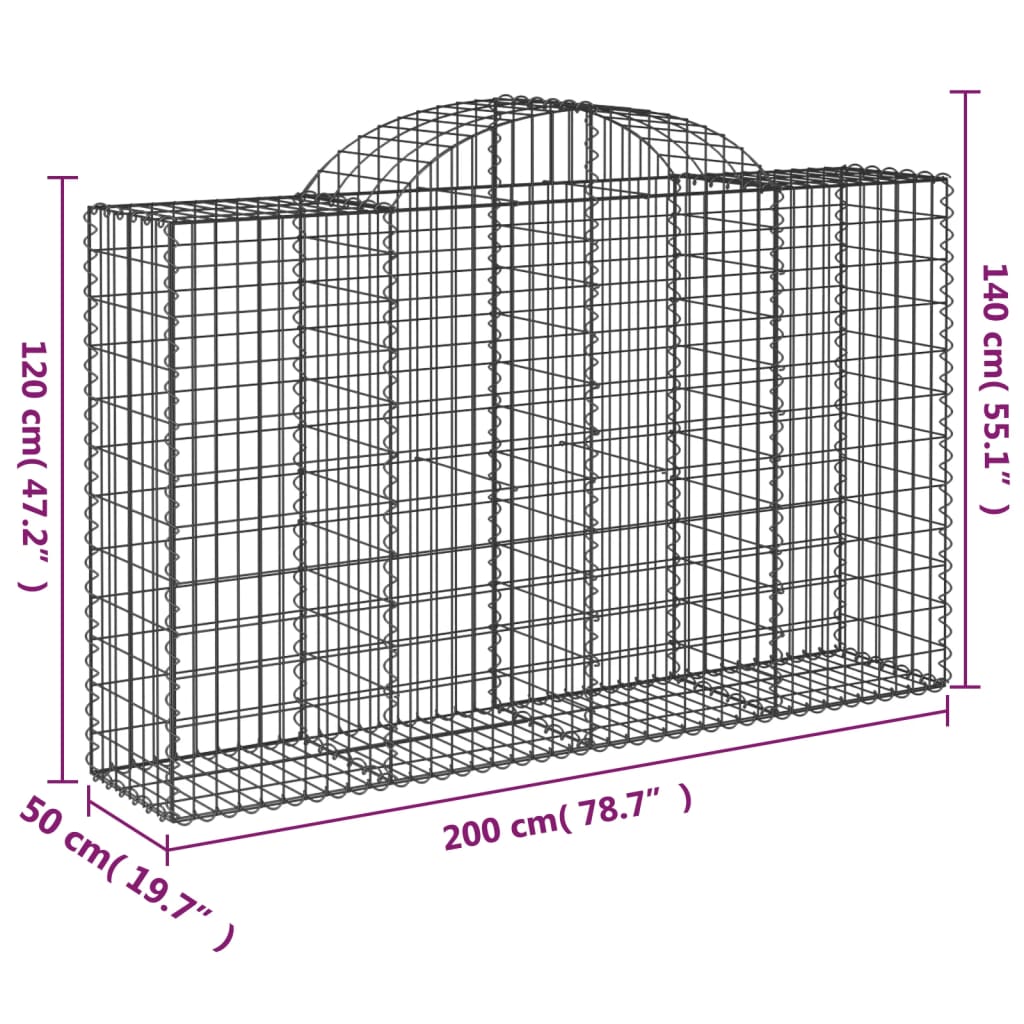 vidaXL Cesto gabião arqueado 200x50x120/140 cm ferro galvanizado