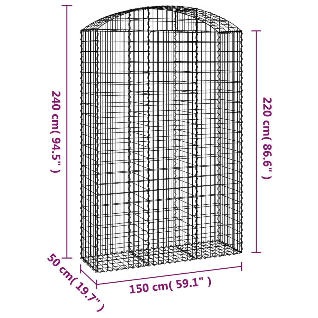 vidaXL Cesto gabião arqueado 150x50x220/240 cm ferro galvanizado