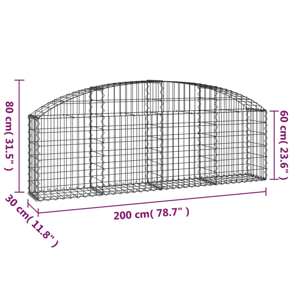 vidaXL Cesto gabião arqueado 200x30x60/80 cm ferro galvanizado