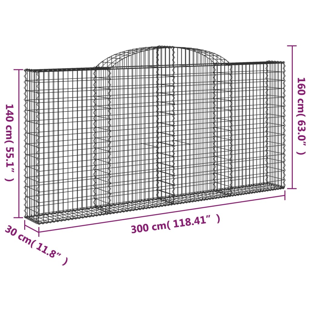 vidaXL Cesto gabião arqueado 300x30x140/160 cm ferro galvanizado