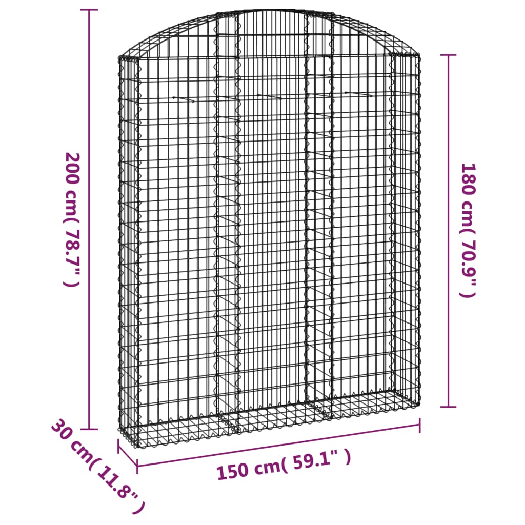 vidaXL Cesto gabião arqueado 150x30x180/200 cm ferro galvanizado