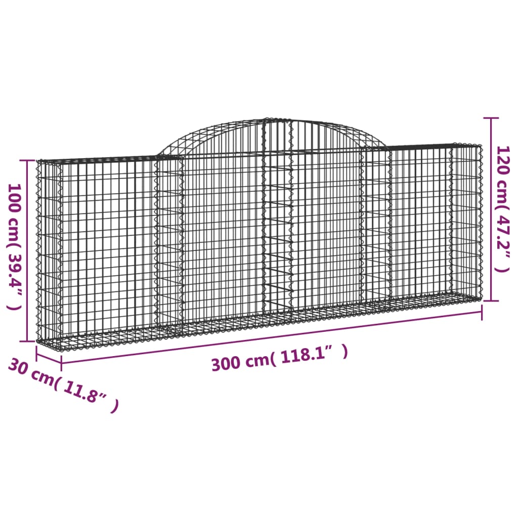 vidaXL Cesto gabião arqueado 300x30x100/120 cm ferro galvanizado