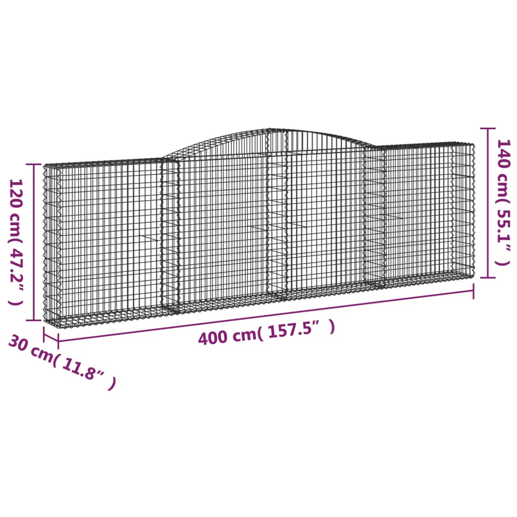 vidaXL Cesto gabião arqueado 400x30x120/140 cm ferro galvanizado