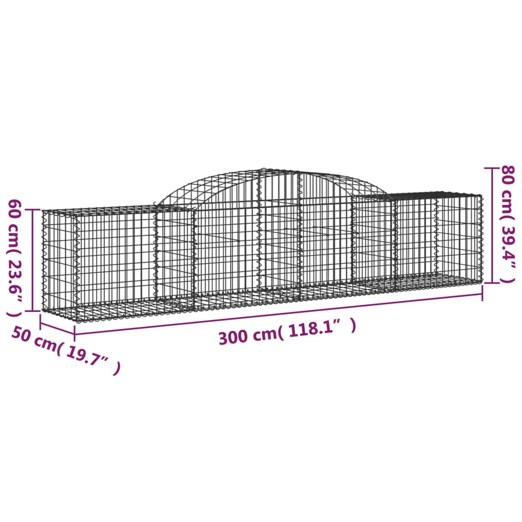 vidaXL Cesto gabião arqueado 300x50x60/80 cm ferro galvanizado