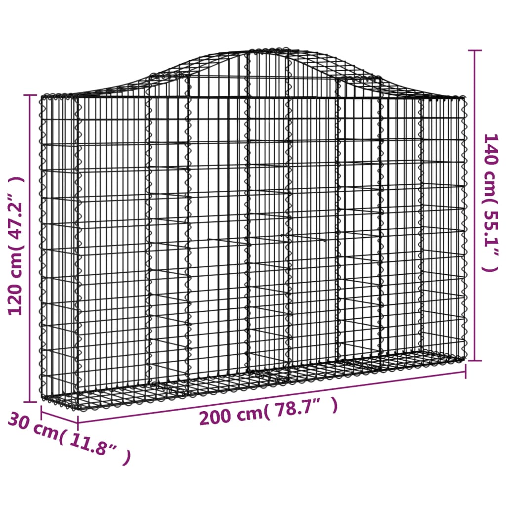 vidaXL Cesto gabião arqueado 200x30x120/140 cm ferro galvanizado