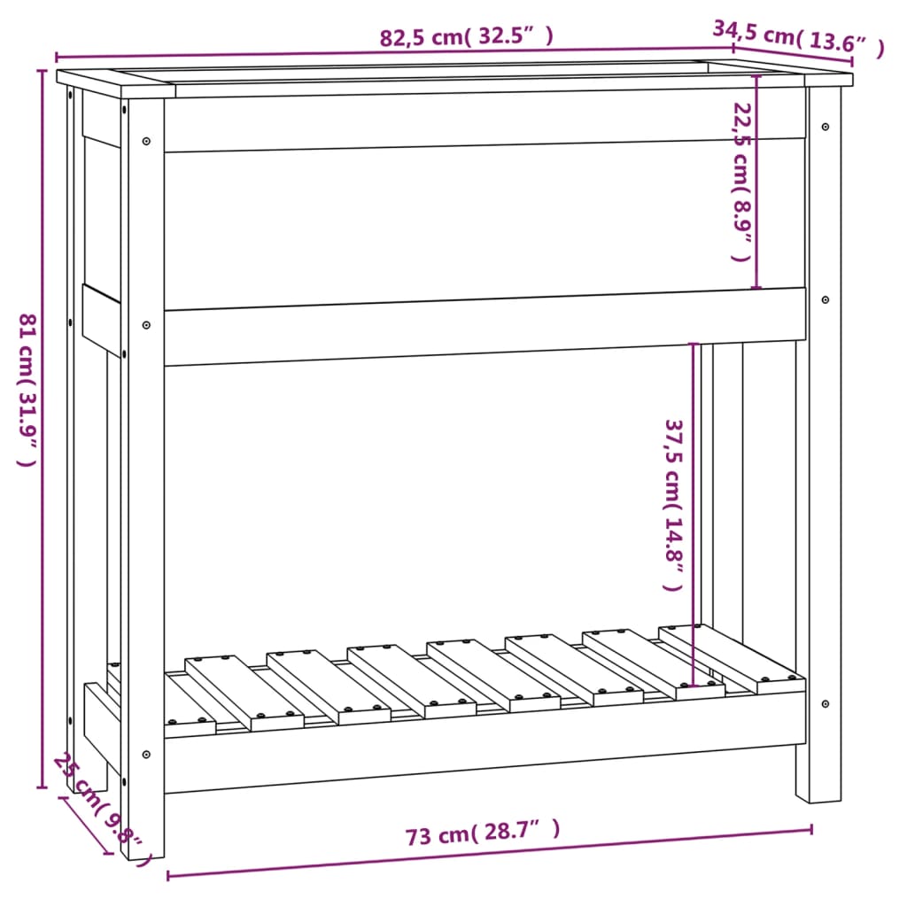 vidaXL Vaso/floreira com prateleira 82,5x34,5x81 cm pinho maciço