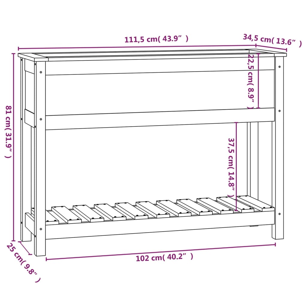 vidaXL Vaso/floreira c/ prateleira 111,5x34,5x81cm pinho maciço branco