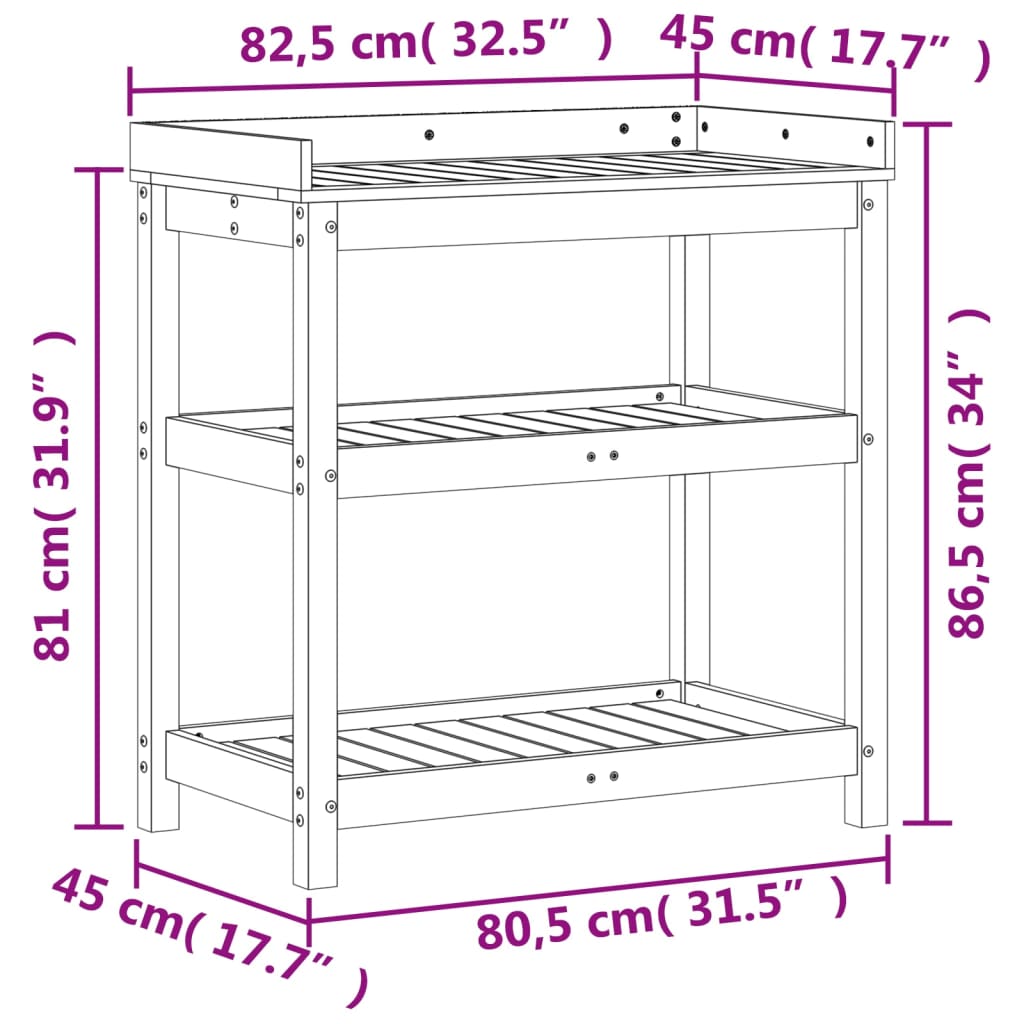 vidaXL Mesa jardinagem c/ prateleiras 82,5x45x86,5 cm pinho impregnado