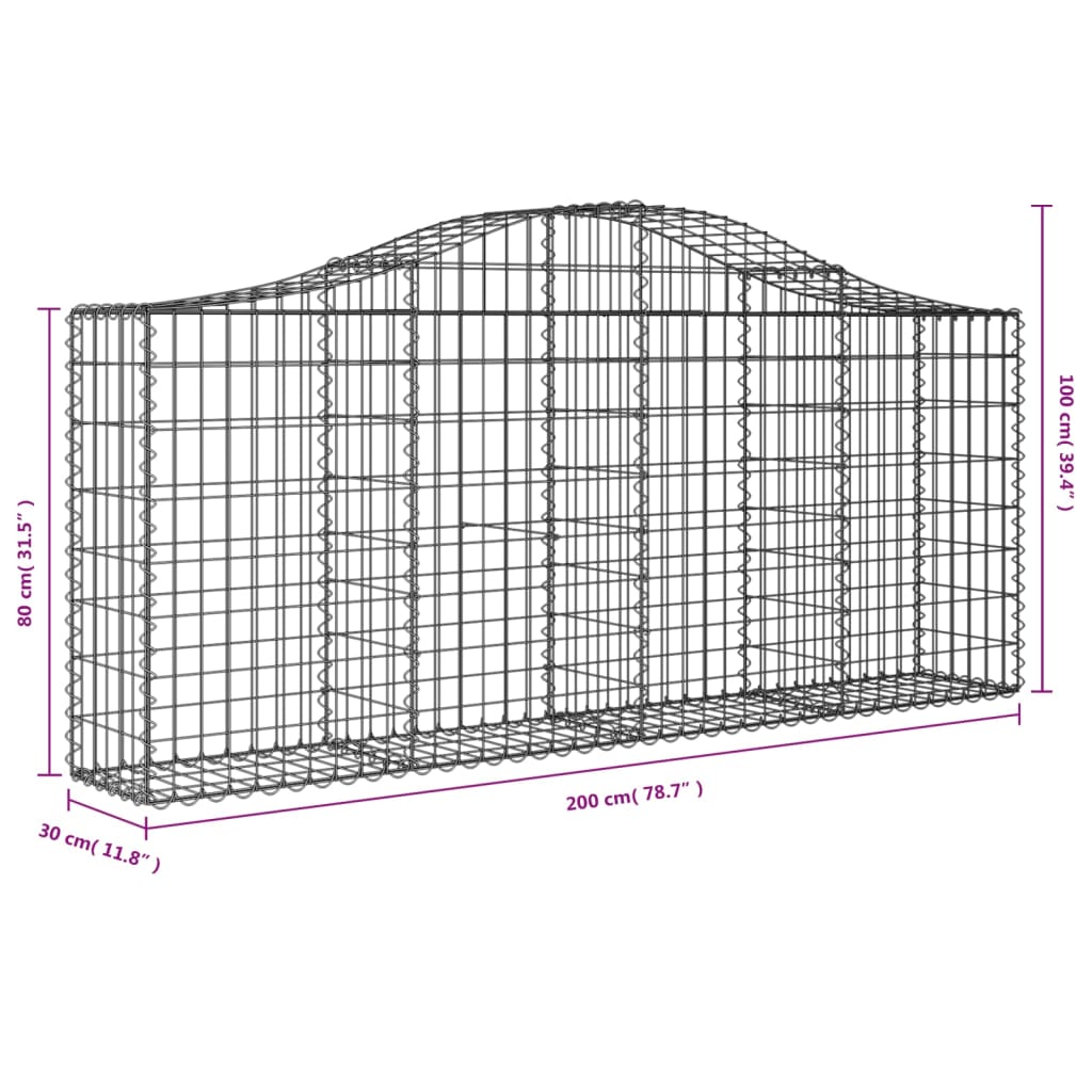 vidaXL Cestos gabião arqueados 8 pcs 200x30x80/100cm ferro galvanizado