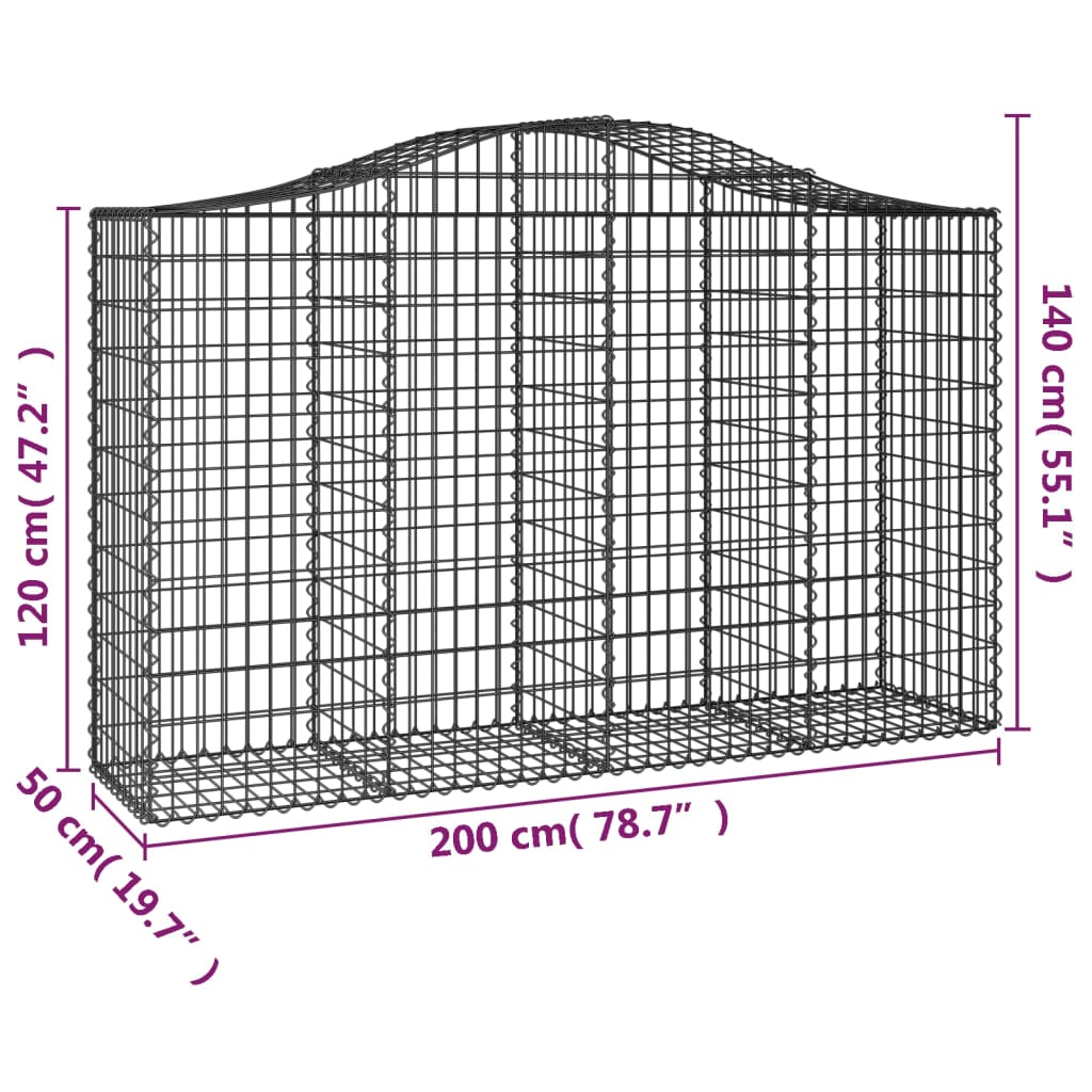 vidaXL Cestos gabião arqueados 9pcs 200x50x120/140cm ferro galvanizado