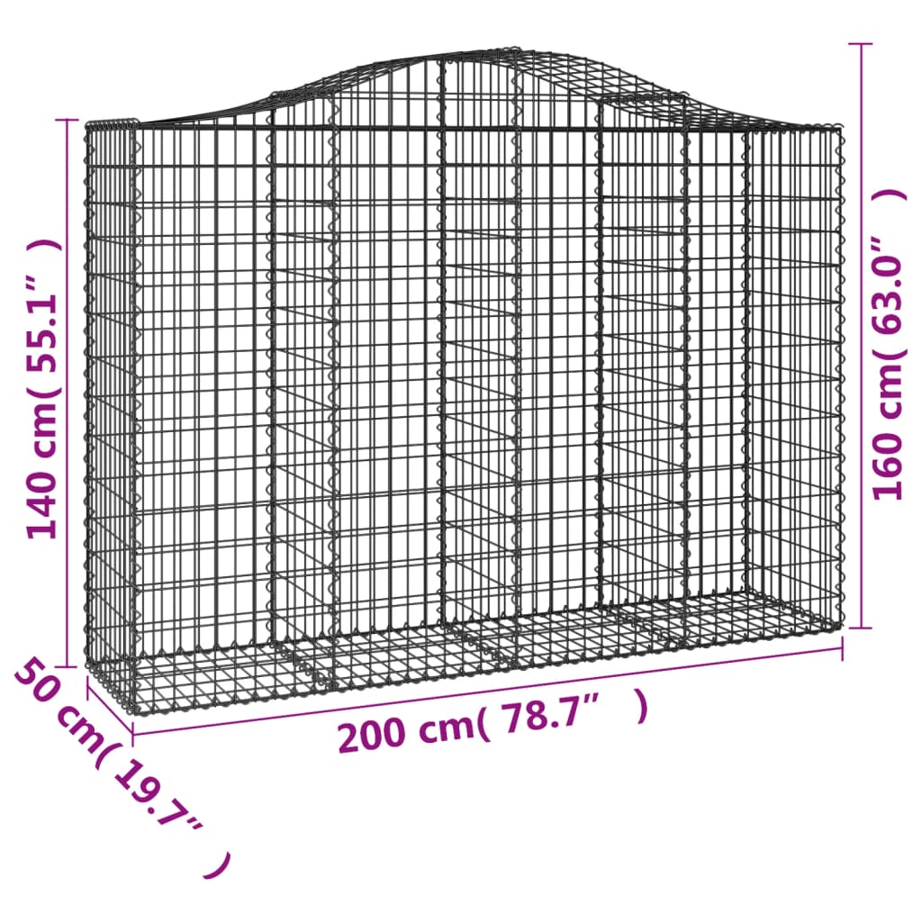 vidaXL Cestos gabião arqueados 2pcs 200x50x140/160cm ferro galvanizado