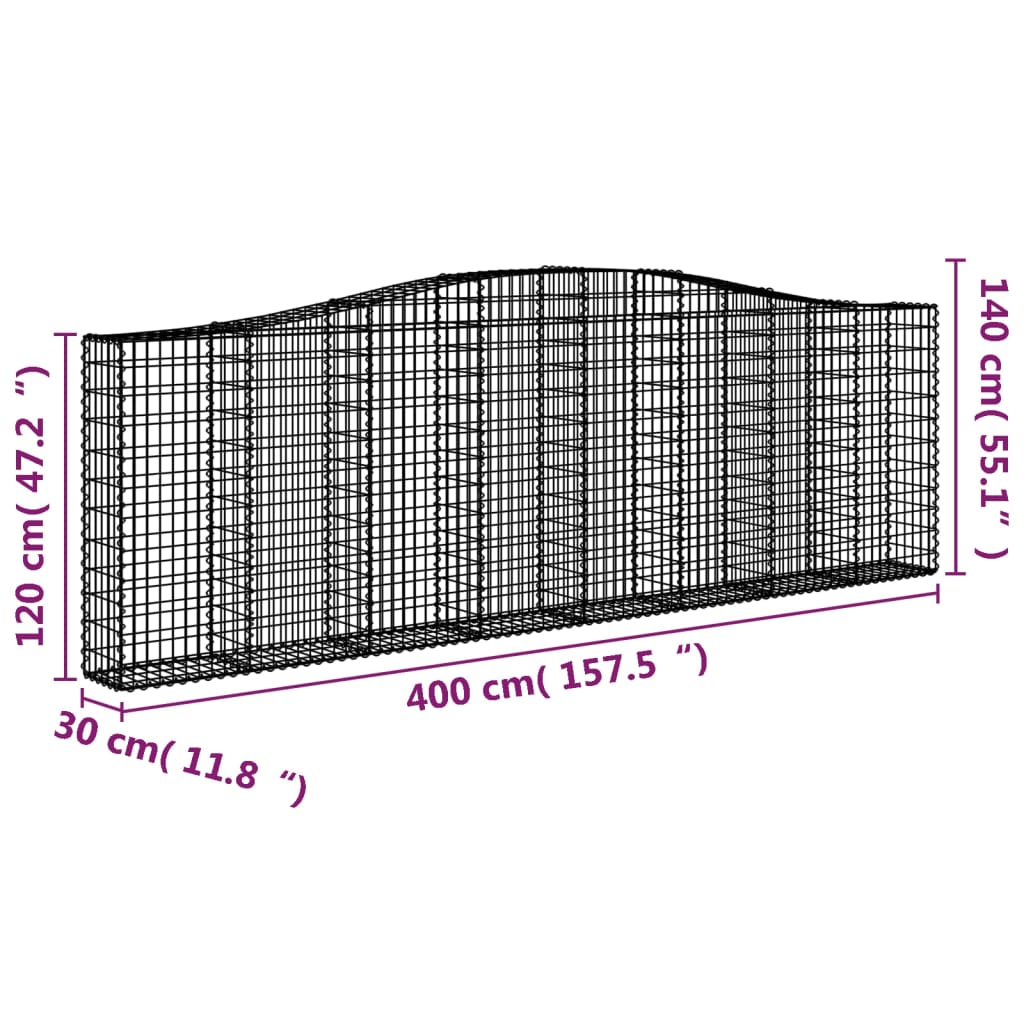 vidaXL Cestos gabião arqueados 4pcs 400x30x120/140cm ferro galvanizado