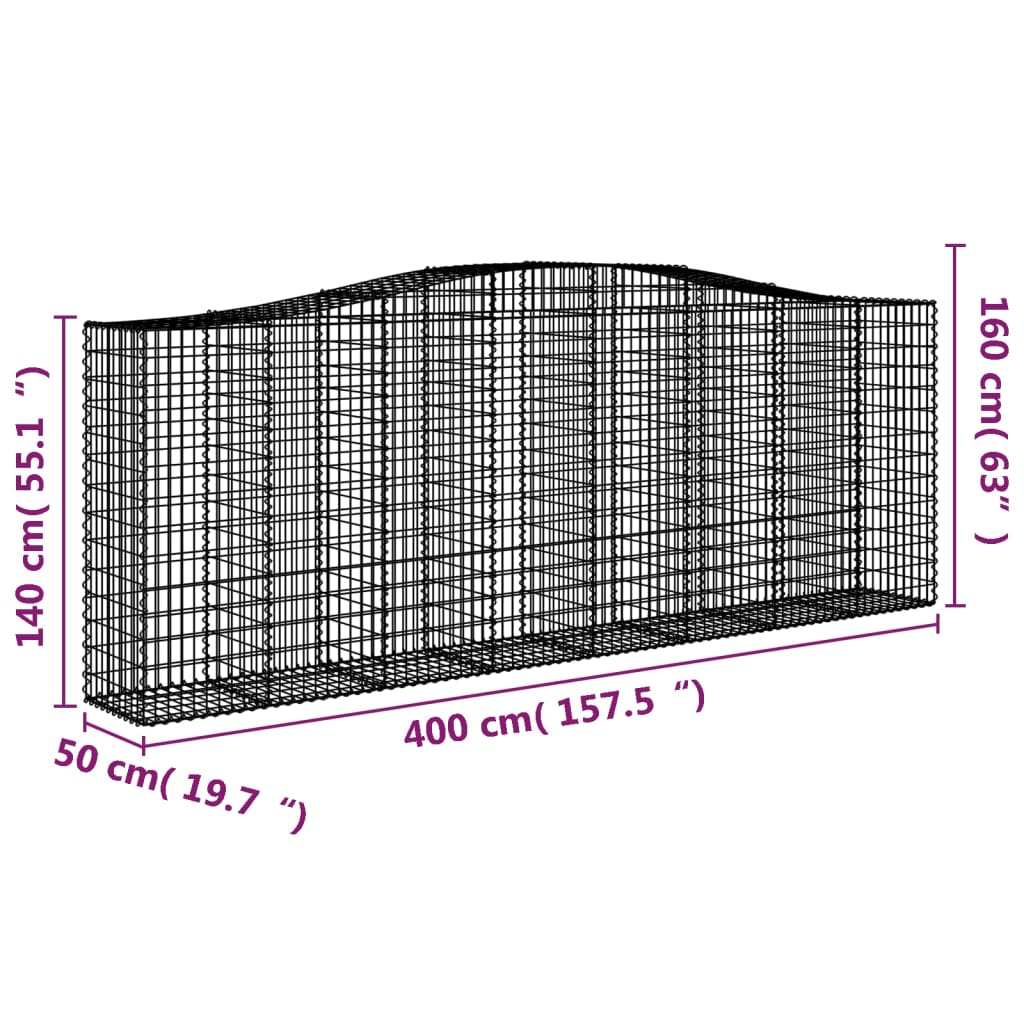 vidaXL Cestos gabião arqueados 4pcs 400x50x140/160cm ferro galvanizado