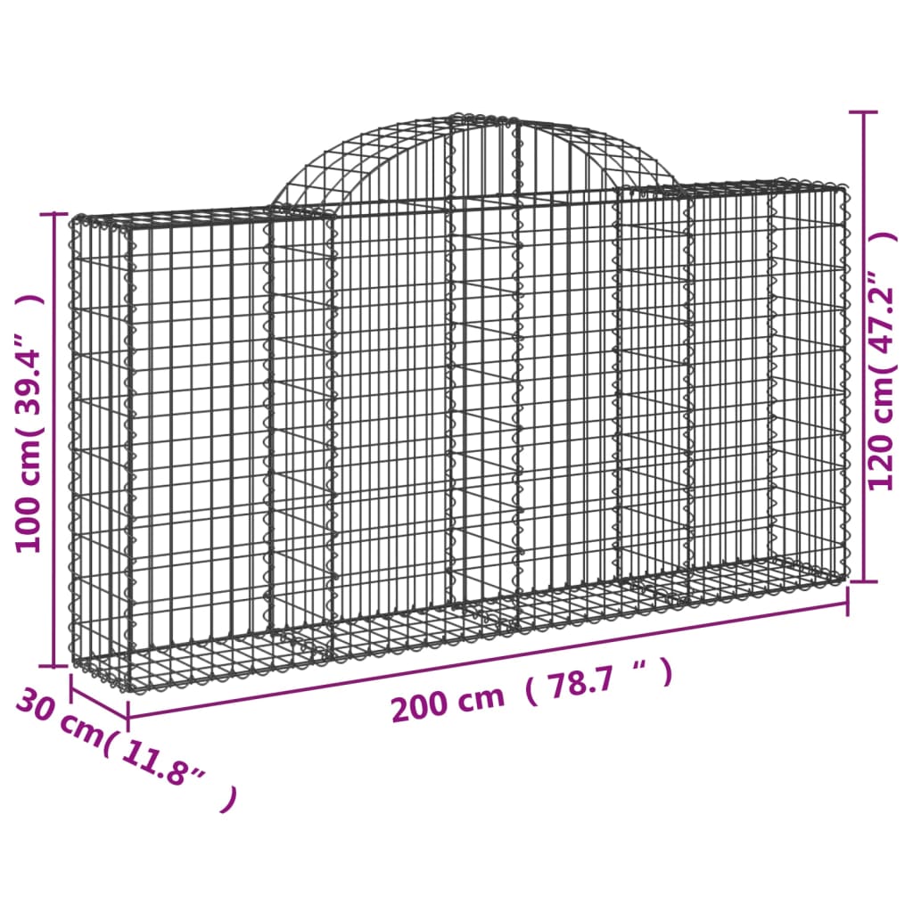 vidaXL Cestos gabião arqueados 3pcs 200x30x100/120cm ferro galvanizado