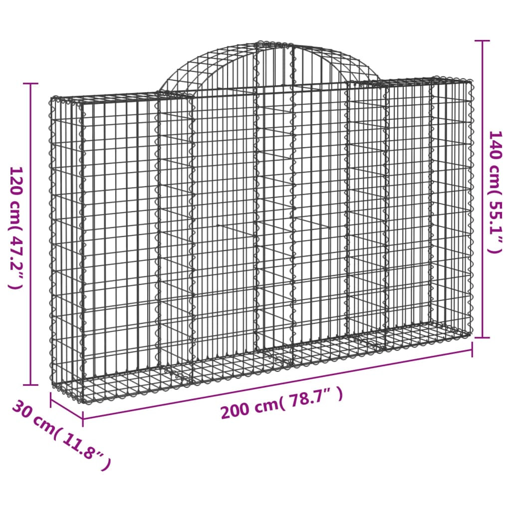 vidaXL Cestos gabião arqueados 3pcs 200x30x120/140cm ferro galvanizado