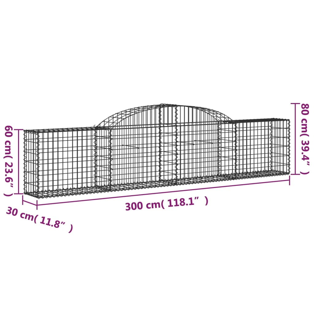 vidaXL Cestos gabião arqueados 11pcs 300x30x60/80 cm ferro galvanizado