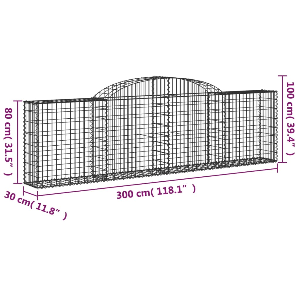 vidaXL Cestos gabião arqueados 10pcs 300x30x80/100cm ferro galvanizado