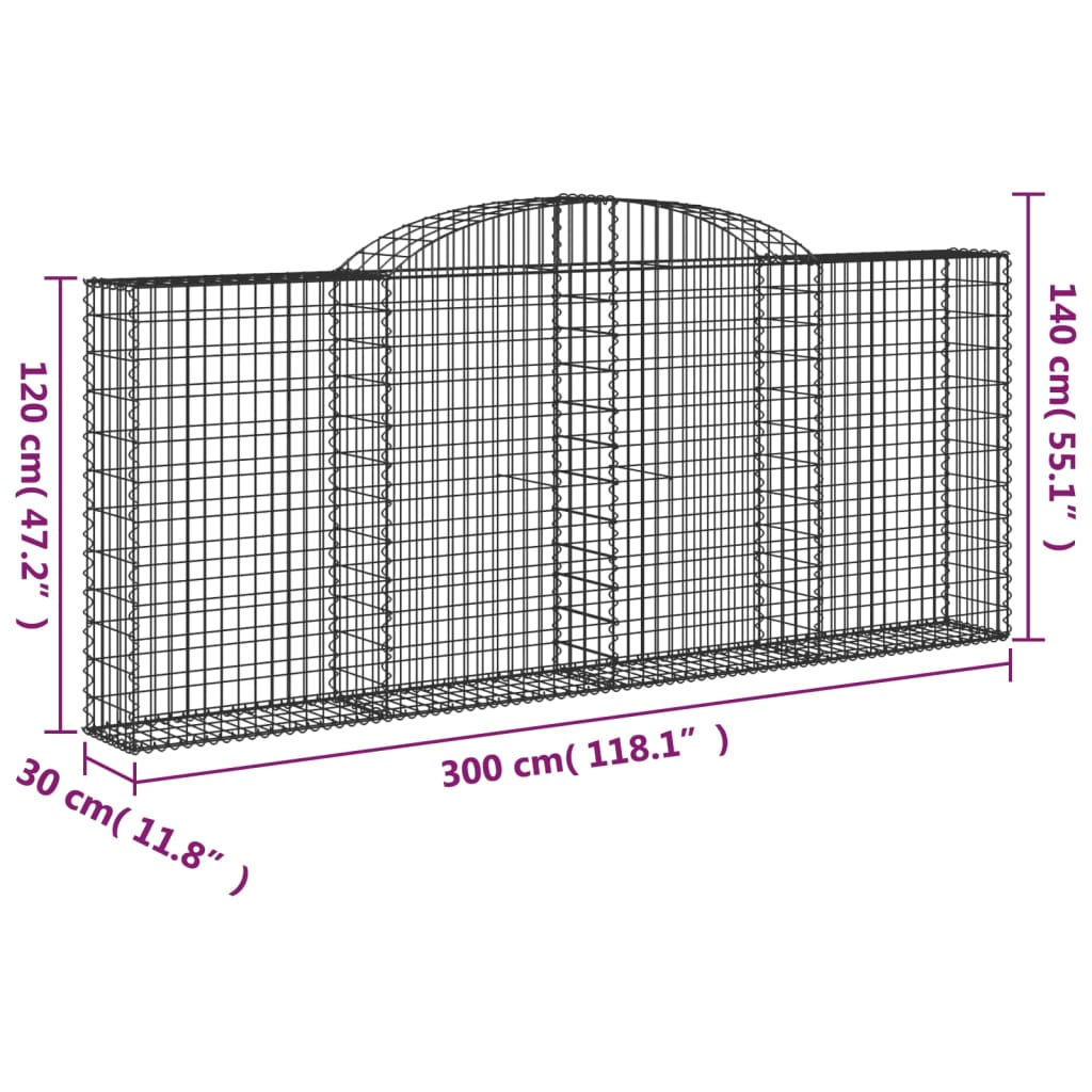 vidaXL Cestos gabião arqueados 2pcs 300x30x120/140cm ferro galvanizado