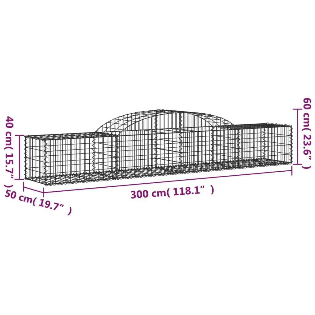 vidaXL Cestos gabião arqueados 3 pcs 300x50x40/60 cm ferro galvanizado