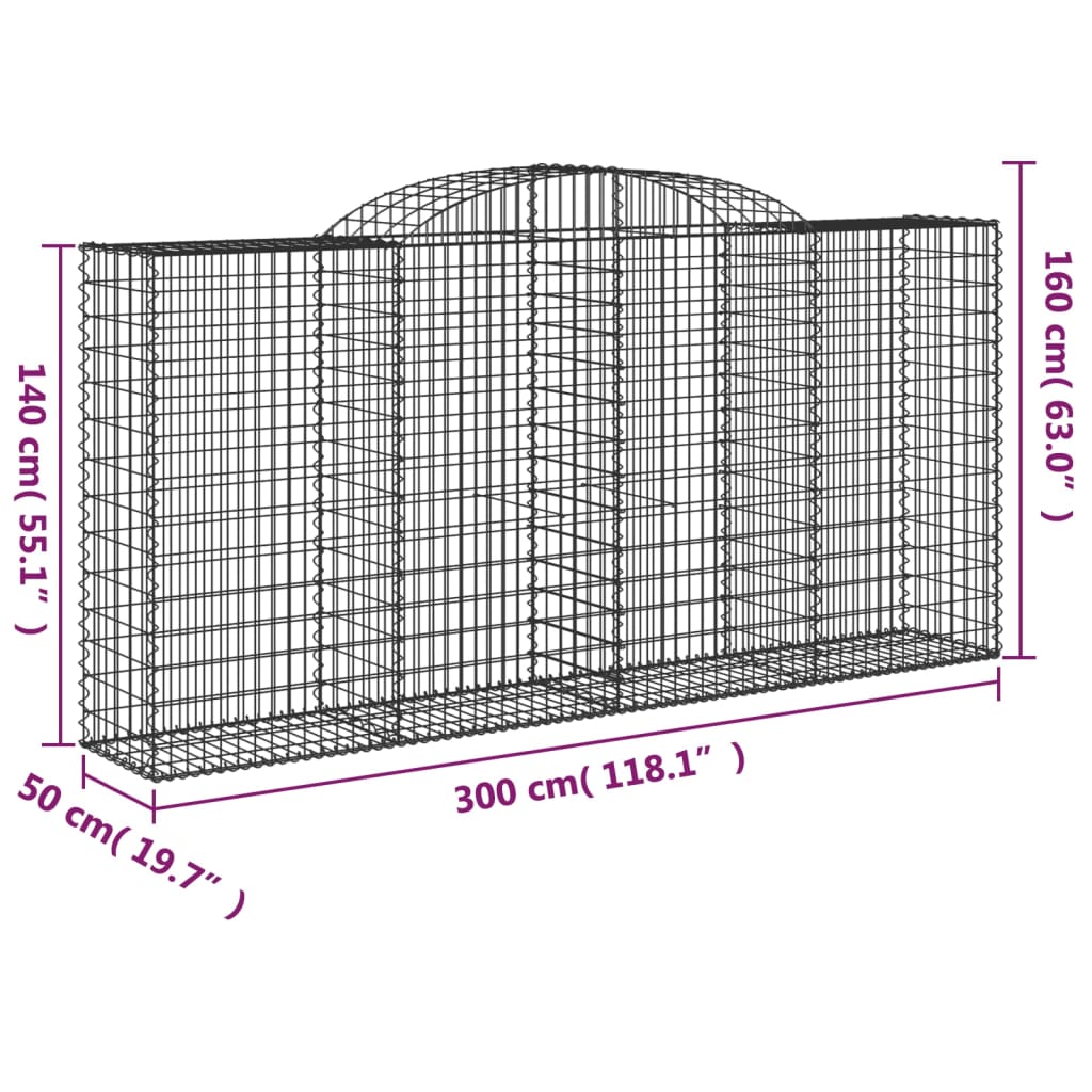 vidaXL Cestos gabião arqueados 3pcs 300x50x140/160cm ferro galvanizado