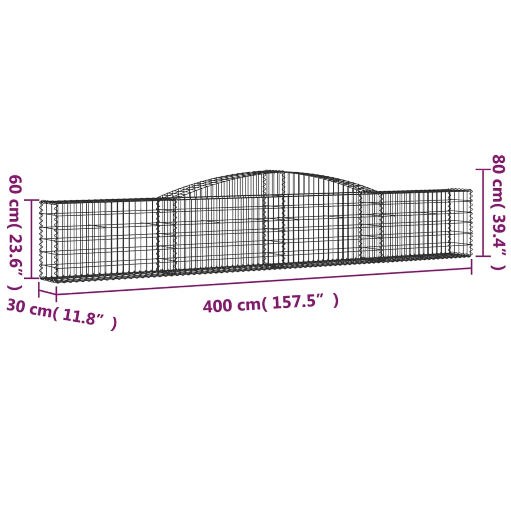 vidaXL Cestos gabião arqueados 2 pcs 400x30x60/80 cm ferro galvanizado