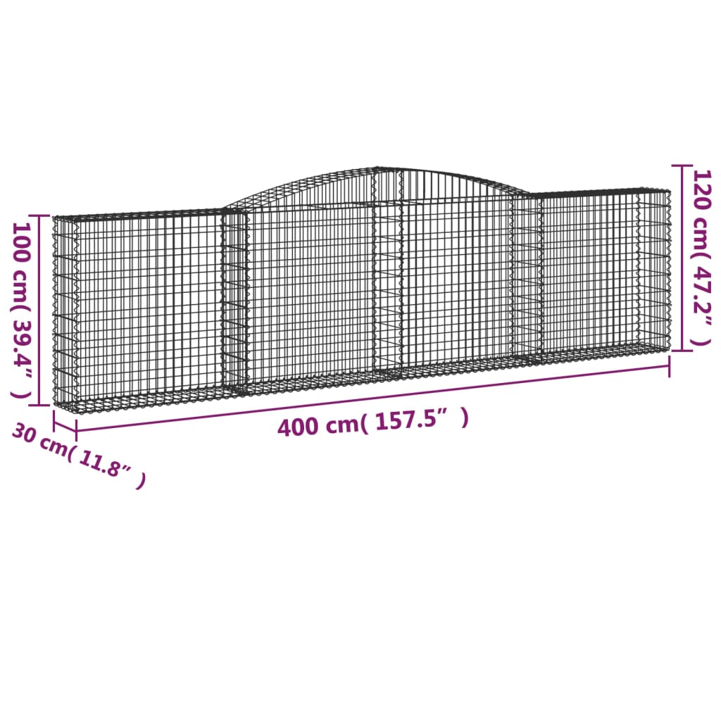 vidaXL Cestos gabião arqueados 4pcs 400x30x100/120cm ferro galvanizado