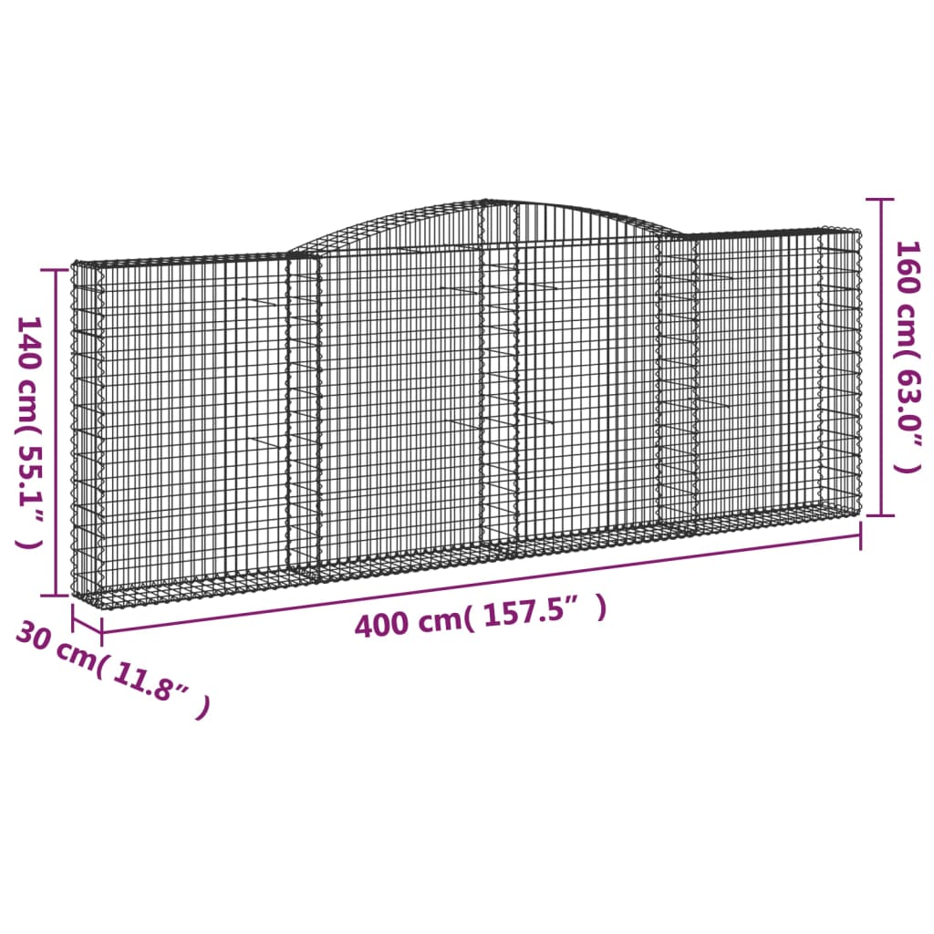 vidaXL Cestos gabião arqueados 4pcs 400x30x140/160cm ferro galvanizado