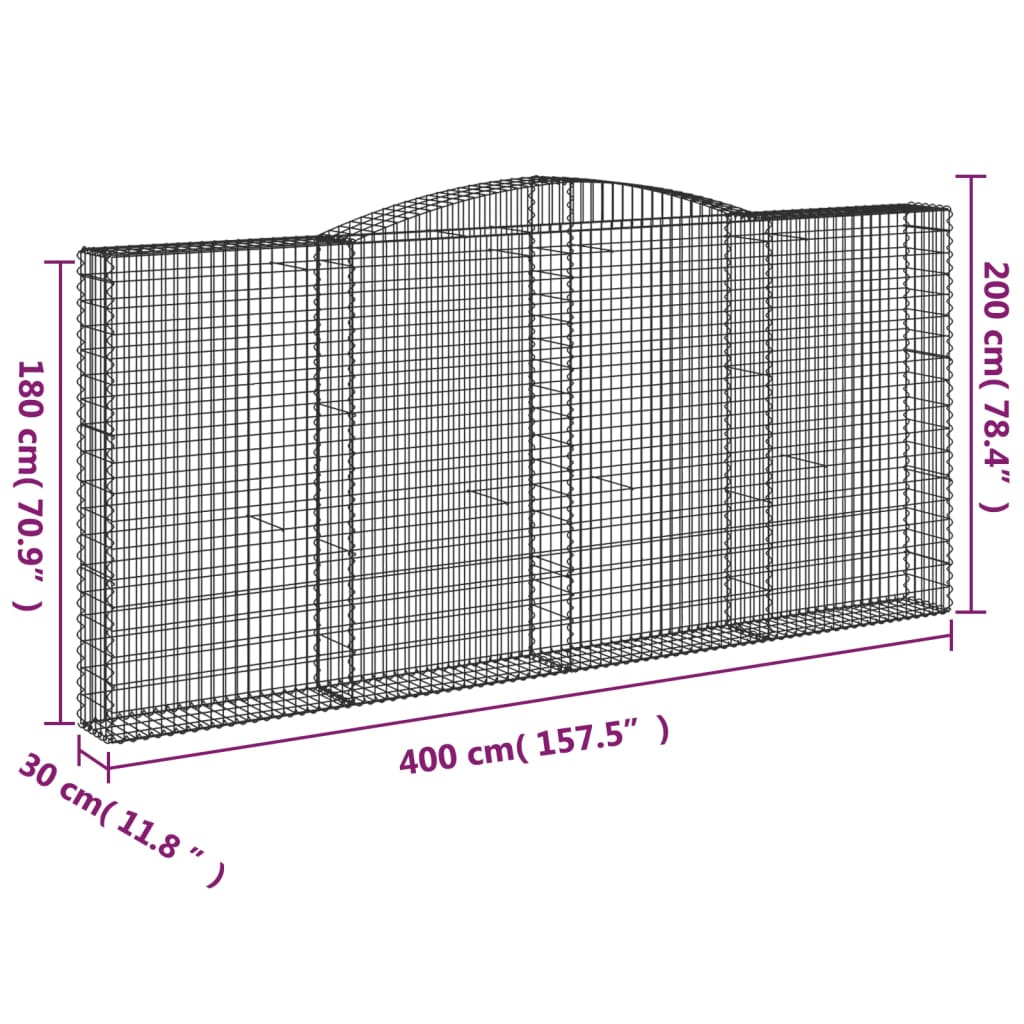 vidaXL Cestos gabião arqueados 2pcs 400x30x180/200cm ferro galvanizado