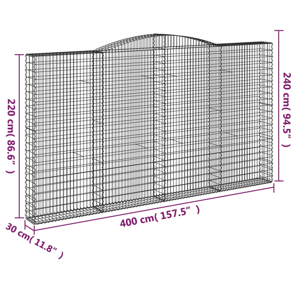 vidaXL Cestos gabião arqueados 3pcs 400x30x220/240cm ferro galvanizado