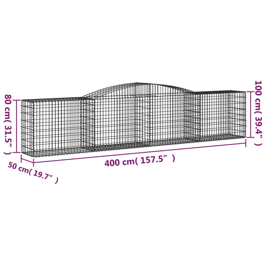 vidaXL Cestos gabião arqueados 4 pcs 400x50x80/100cm ferro galvanizado