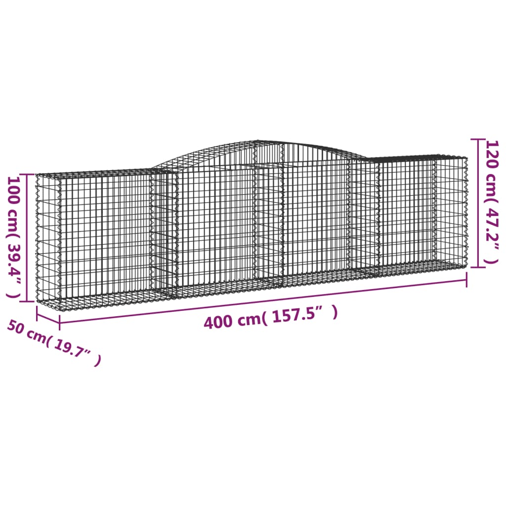 vidaXL Cestos gabião arqueados 4pcs 400x50x100/120cm ferro galvanizado