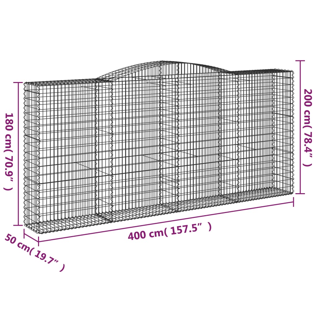 vidaXL Cestos gabião arqueados 4pcs 400x50x180/200cm ferro galvanizado