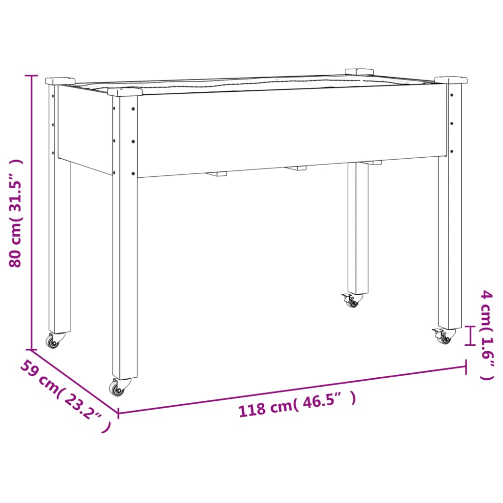 vidaXL Floreira c/ forro e rodas 118x59x80 cm abeto maciço castanho