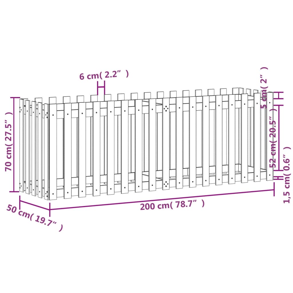 vidaXL Canteiro elevado c/ design de cerca 200x50x70cm madeira douglas