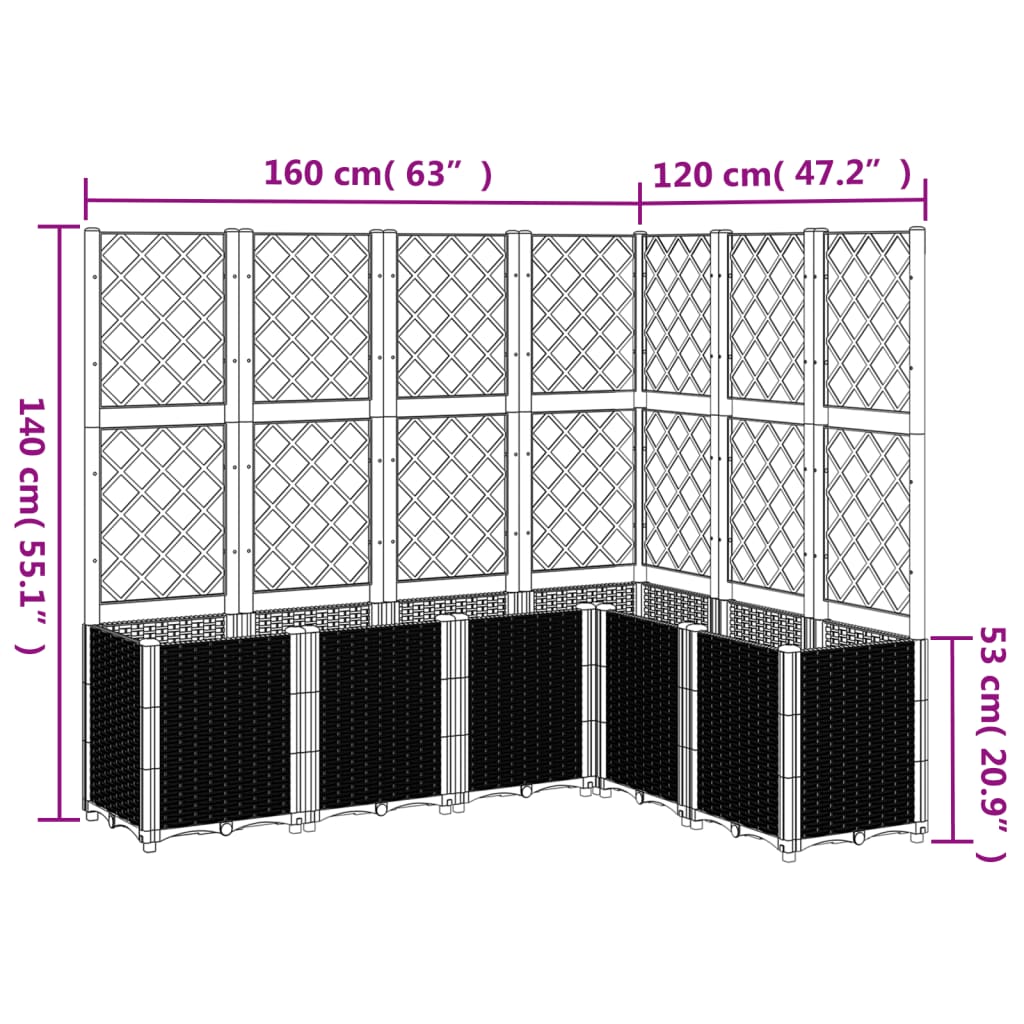 vidaXL Vaso/floreira de jardim c/ treliça 160x120x140 cm PP castanho