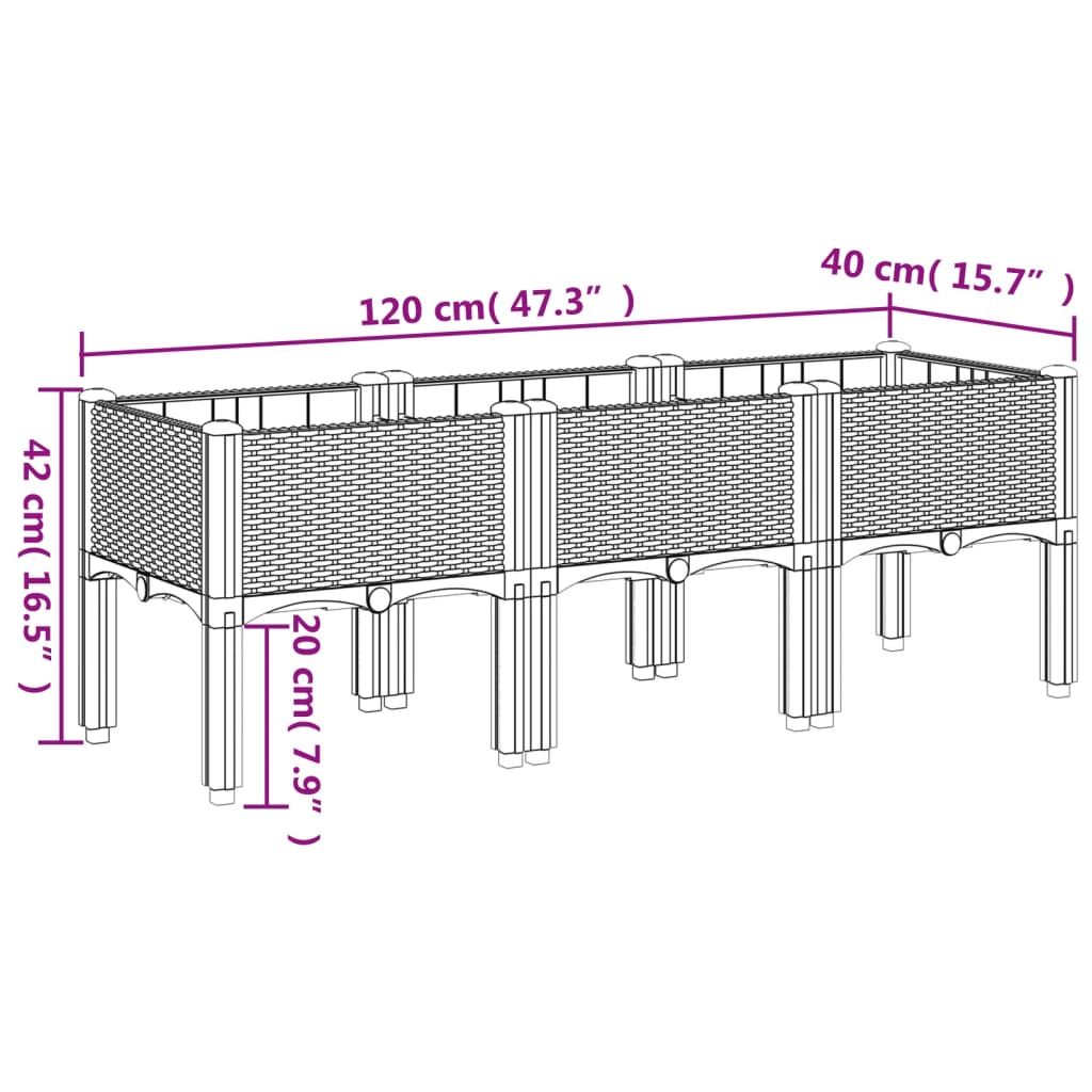 vidaXL Vaso/floreira de jardim c/ pernas 120x40x42 cm PP cinzento