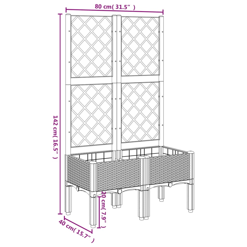 vidaXL Vaso/floreira de jardim c/ treliça 80x40x142 cm PP branco