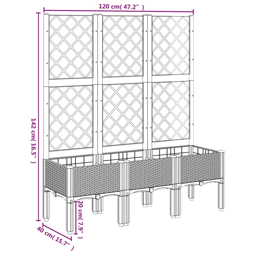 vidaXL Vaso/floreira de jardim c/ treliça 120x40x142 cm PP castanho