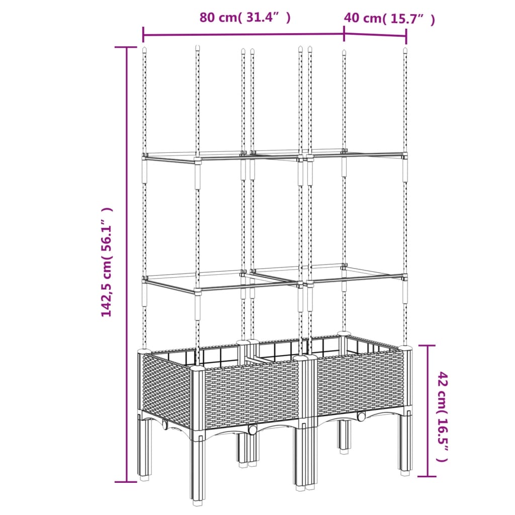 vidaXL Vaso/floreira de jardim c/ treliça 80x40x142,5 cm PP cinzento