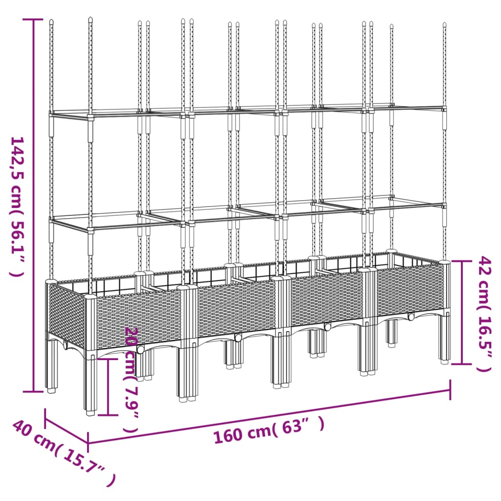 vidaXL Vaso/floreira de jardim c/ treliça 160x40x142,5 cm PP branco