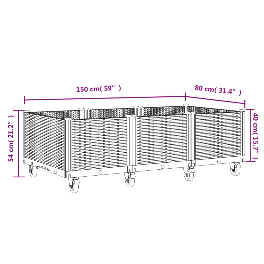 vidaXL Vaso/floreira de jardim com rodas 150x80x54 cm PP castanho