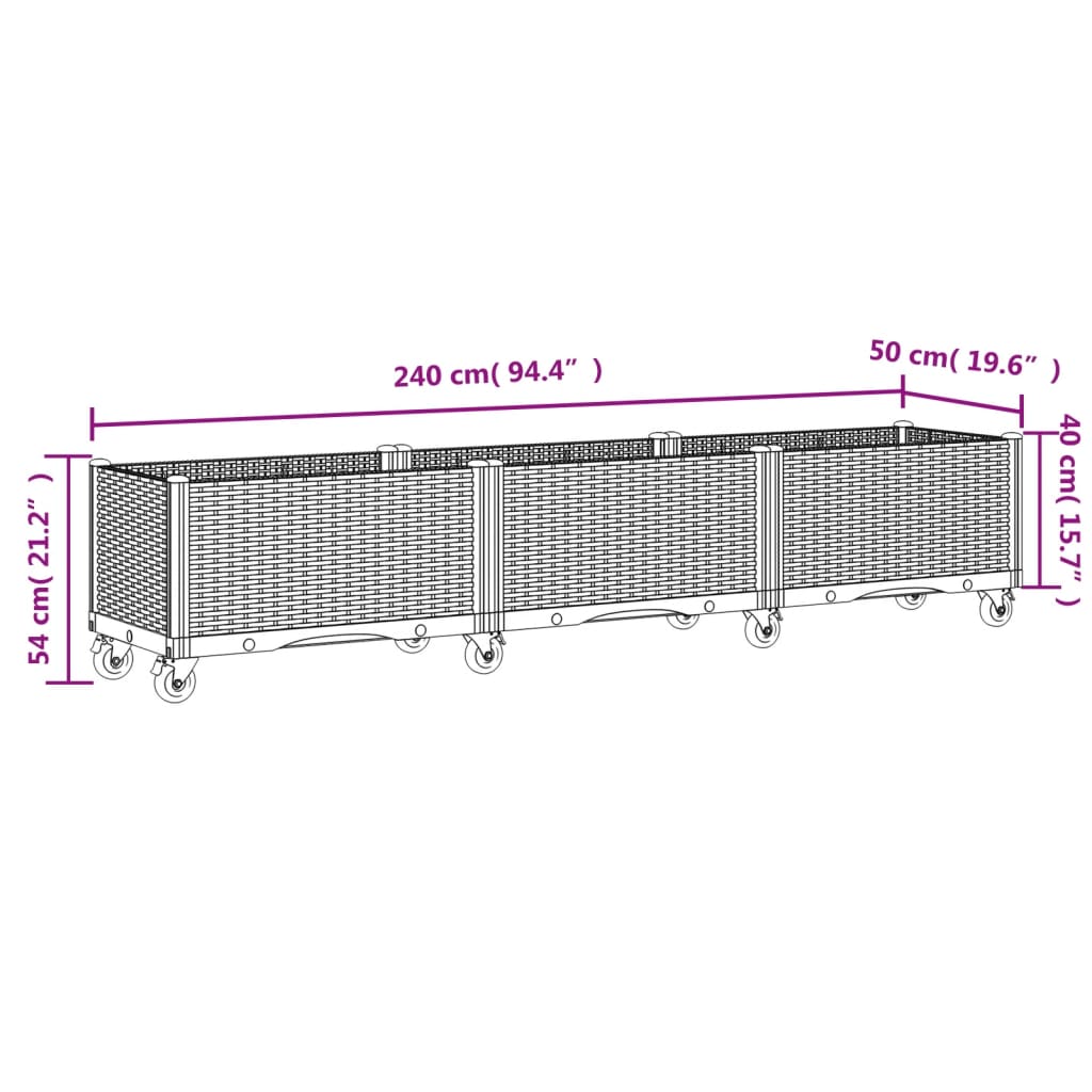 vidaXL Vaso/floreira de jardim c/ rodas 240x50x54 cm PP cinzento-claro